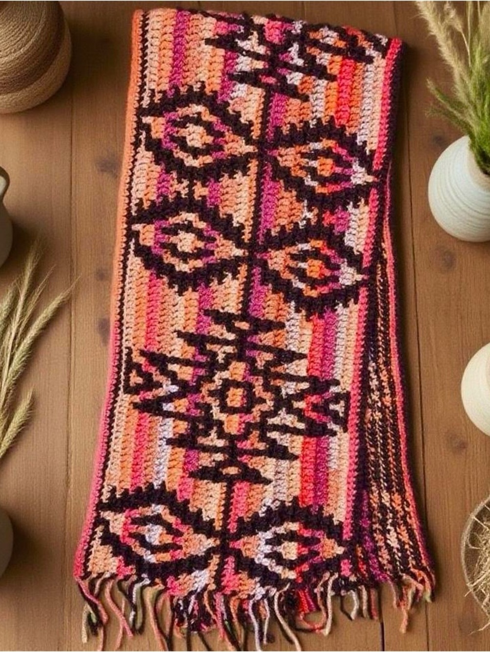 Vintage Handmade Colorful Crochet Tribal Table Runner Home Decor Accent